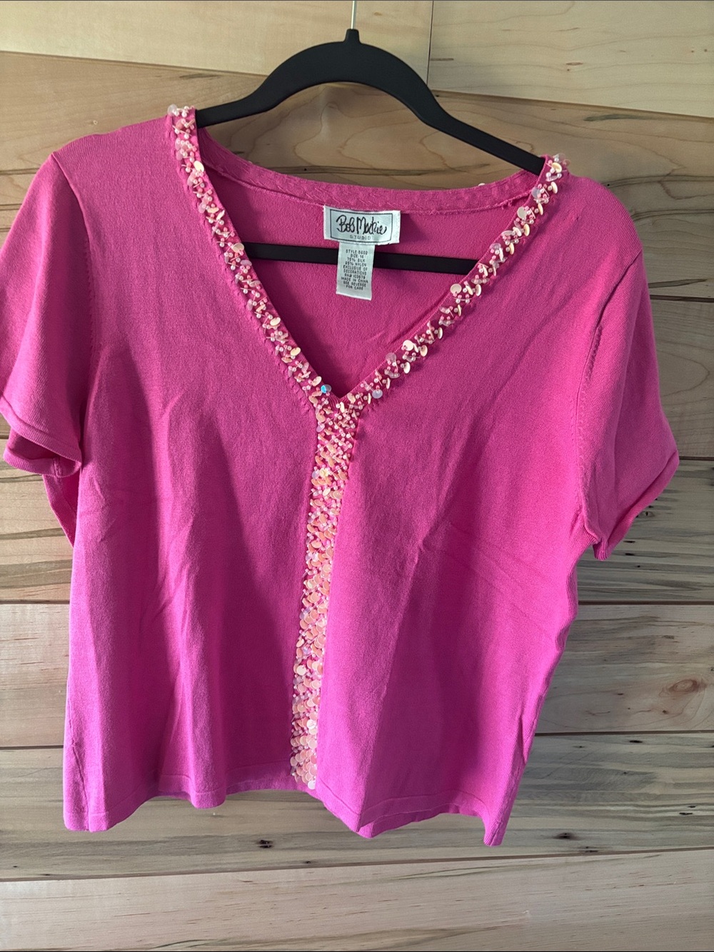 Bob Mackie Hot Pink Sequin V-Neck Short Sleeve Top